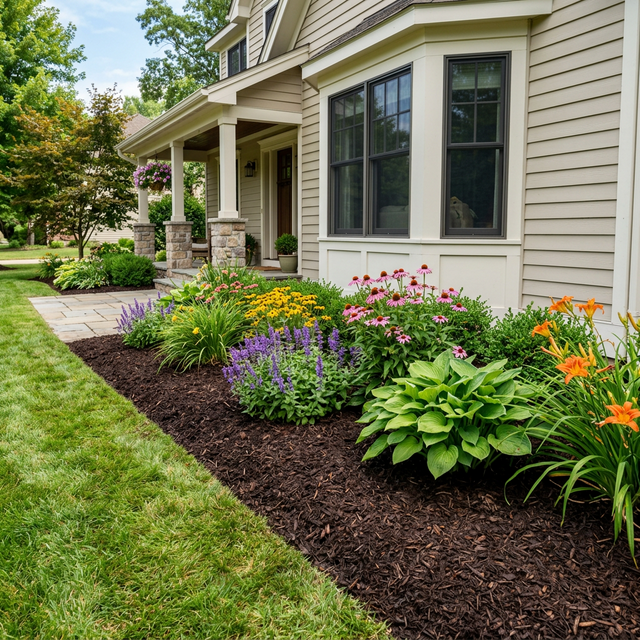 Freshly mulched landscape border